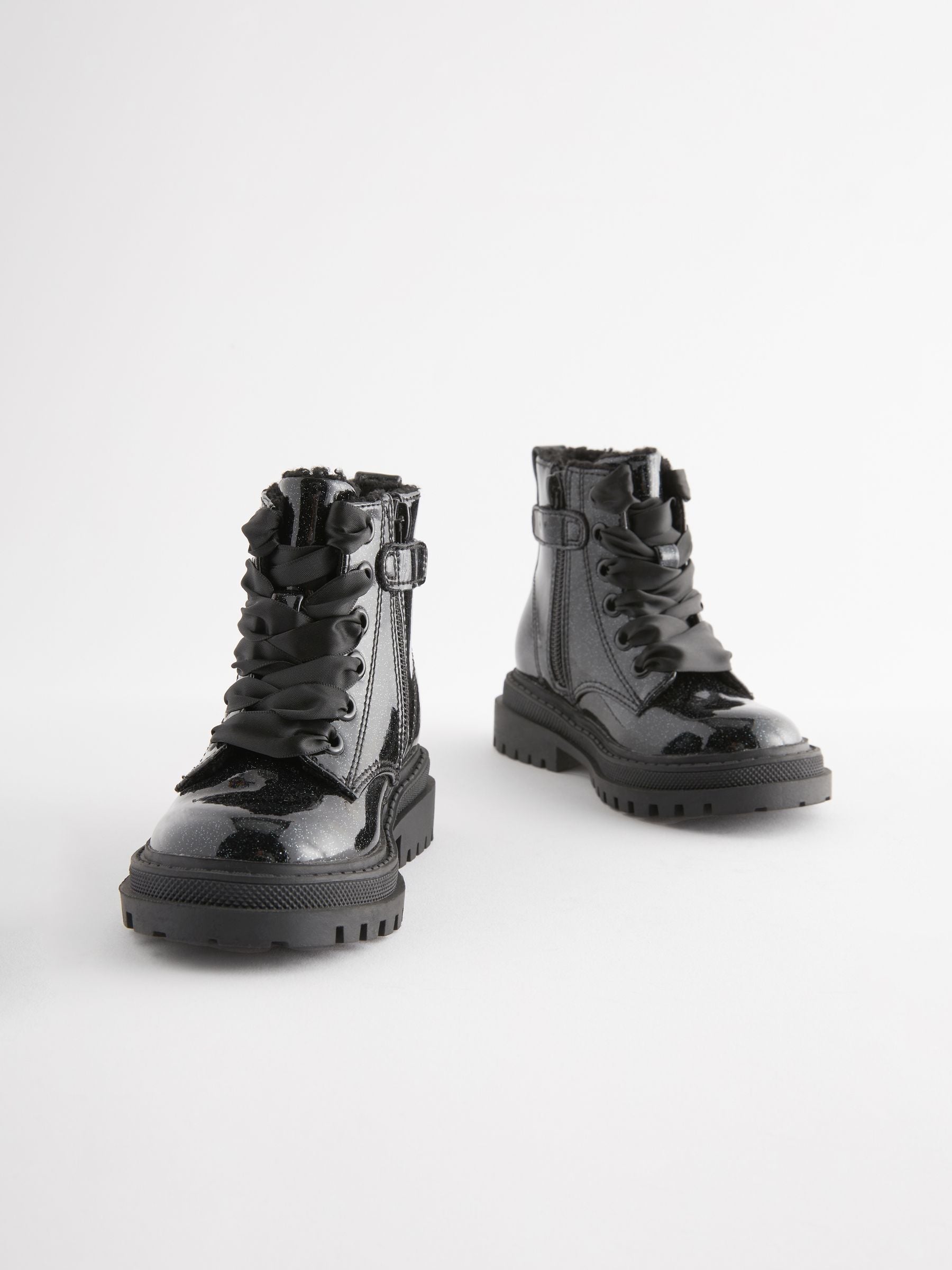 Black Patent Standard Fit (F) Chunky Lace-Up Ankle Boots image 1