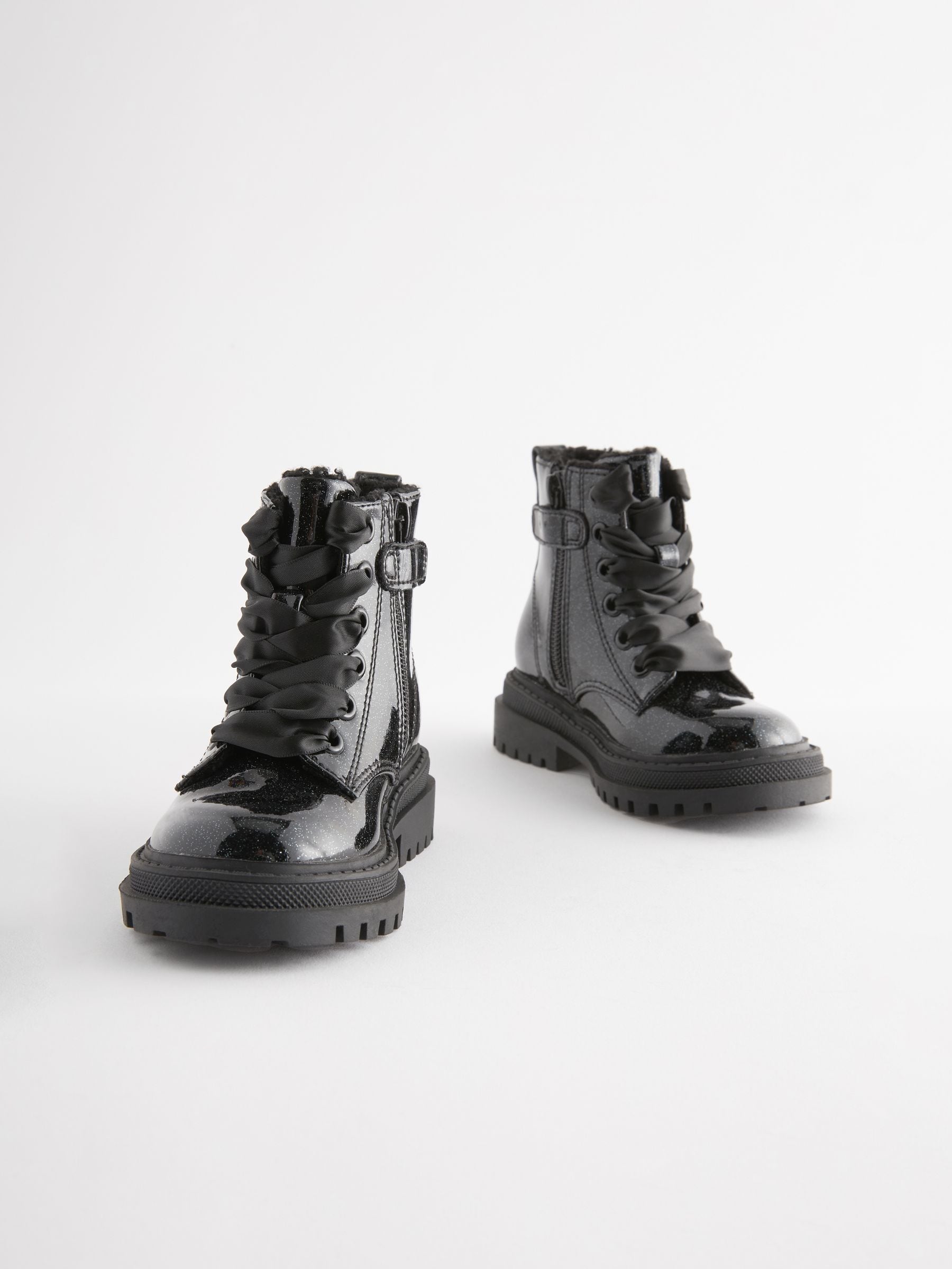 Black Patent Standard Fit (F) Chunky Lace-Up Ankle Boots image 2