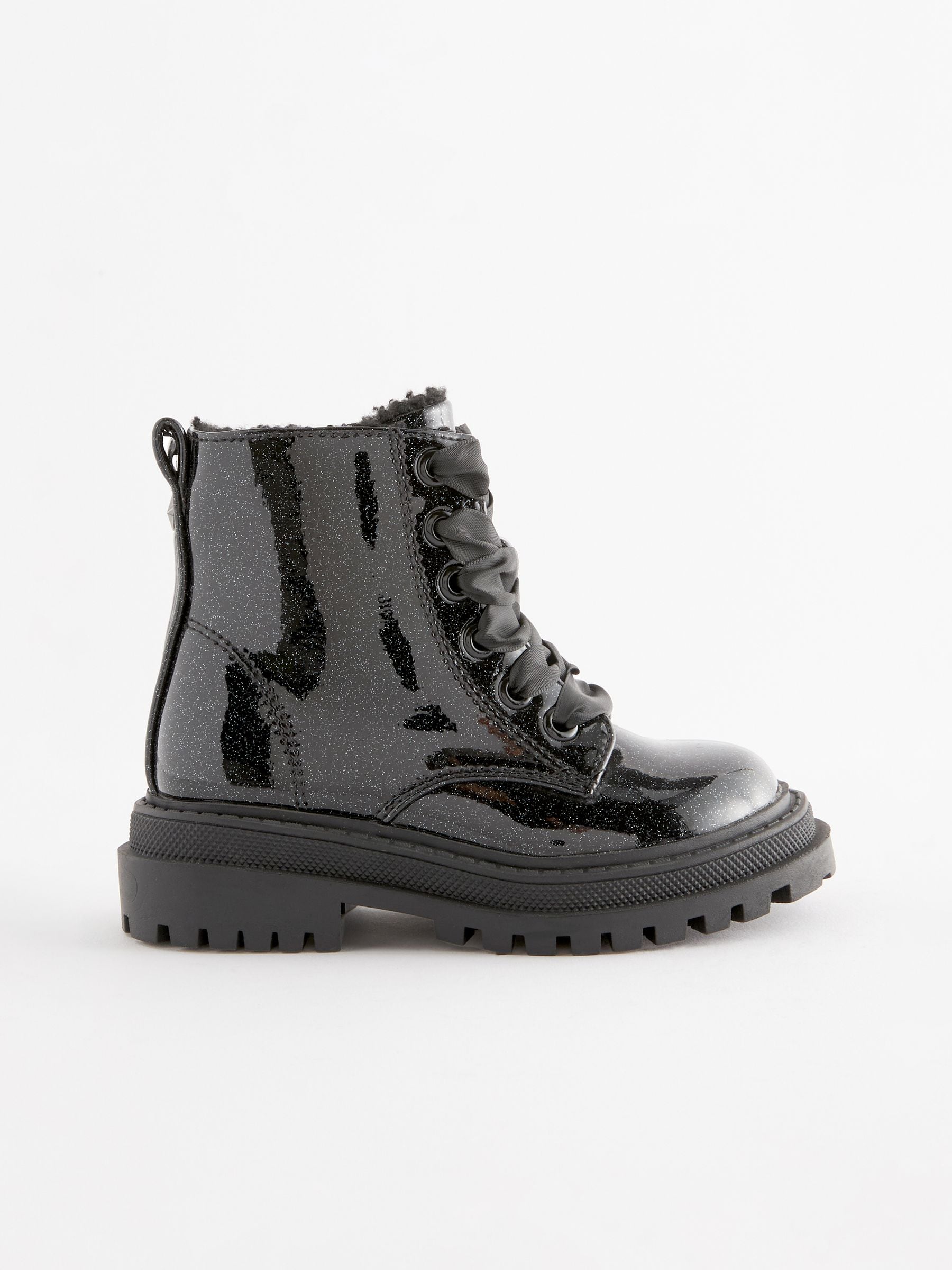 Black Patent Standard Fit (F) Chunky Lace-Up Ankle Boots image 3