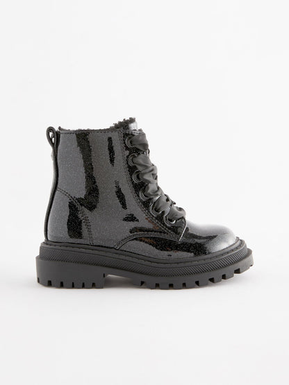 Black Patent Standard Fit (F) Chunky Lace-Up Ankle Boots image 3