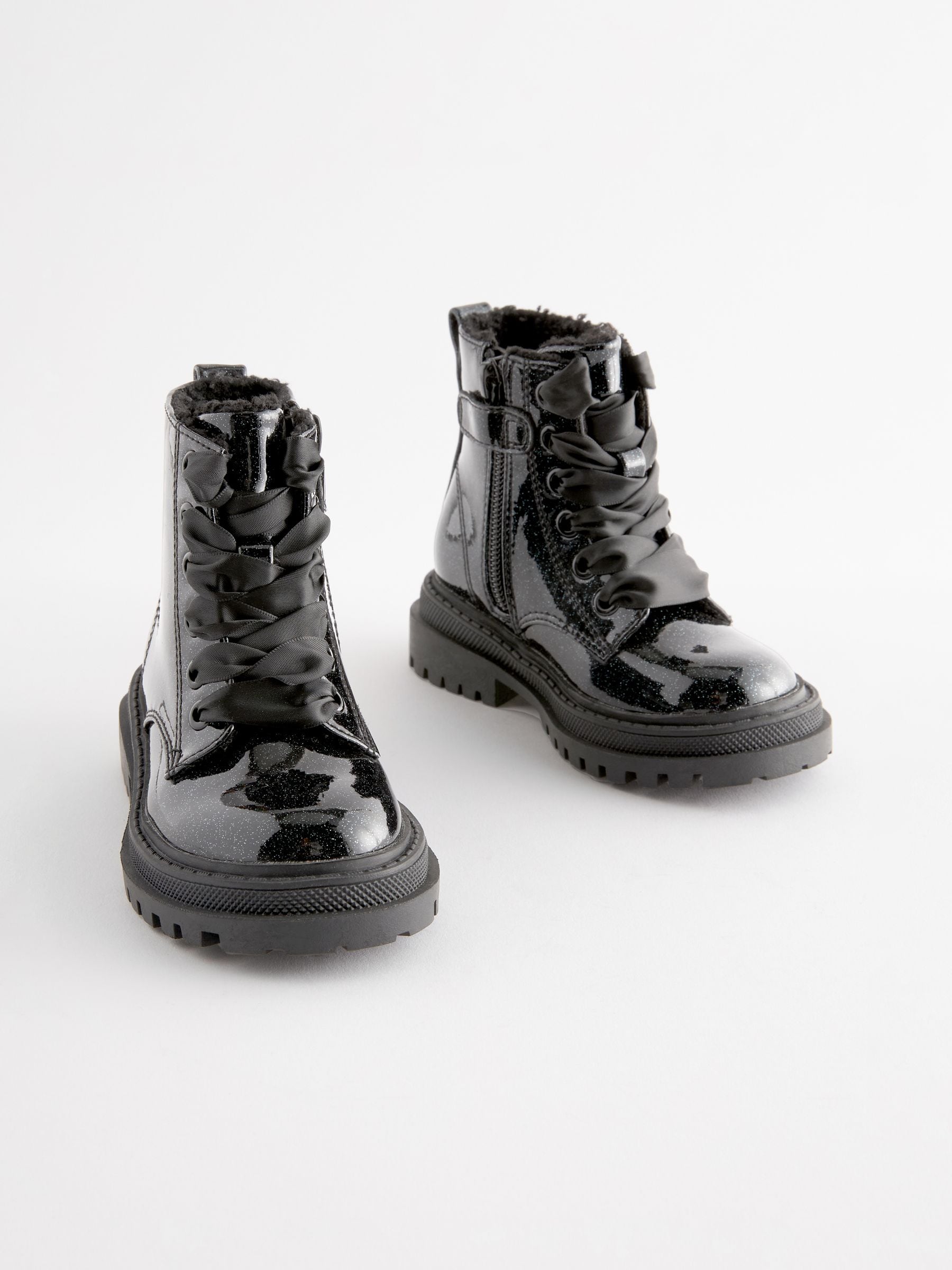 Black Patent Standard Fit (F) Chunky Lace-Up Ankle Boots image 4