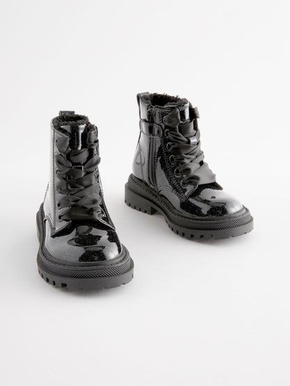 Black Patent Standard Fit (F) Chunky Lace-Up Ankle Boots image 4
