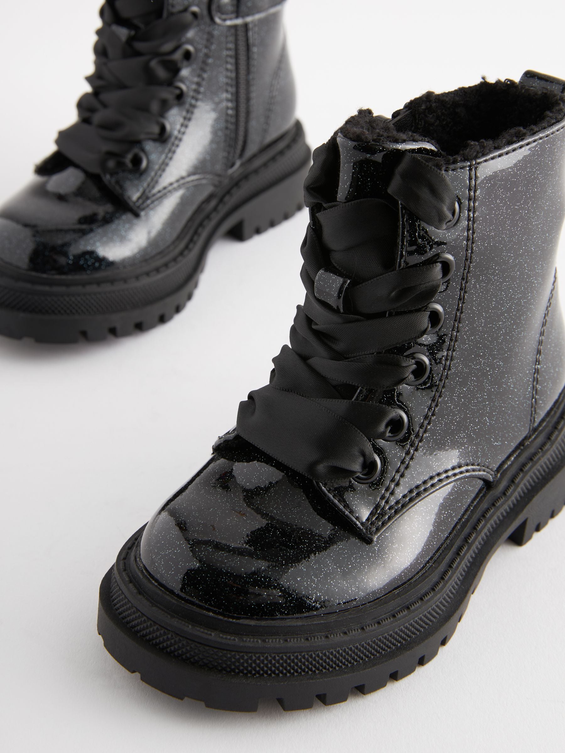 Black Patent Standard Fit (F) Chunky Lace-Up Ankle Boots image 8