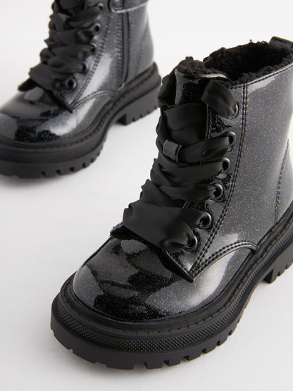 Black Patent Standard Fit (F) Chunky Lace-Up Ankle Boots image 8