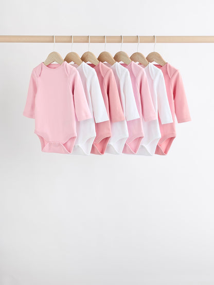 Pink/White 7 Pack Essential Long Sleeve Baby Bodysuits image 1