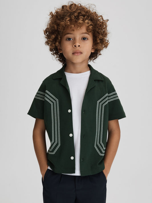Dsiney Kidz - Reiss Green Arlington Junior Cotton Embroidered Cuban Collar Shirt image 1