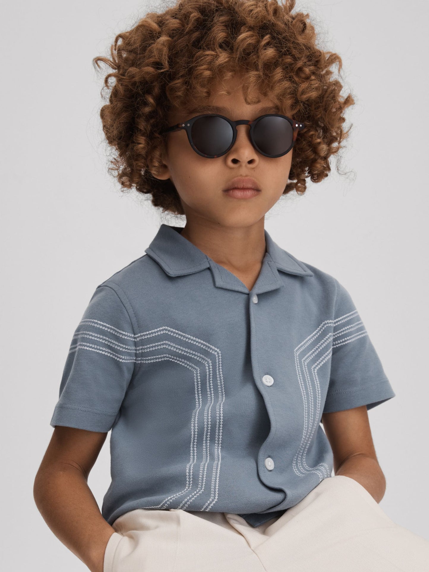 Dsiney Kidz - Reiss Airforce Blue Arlington 3-9 yrs Cotton Embroidered Cuban Collar Shirt image 3