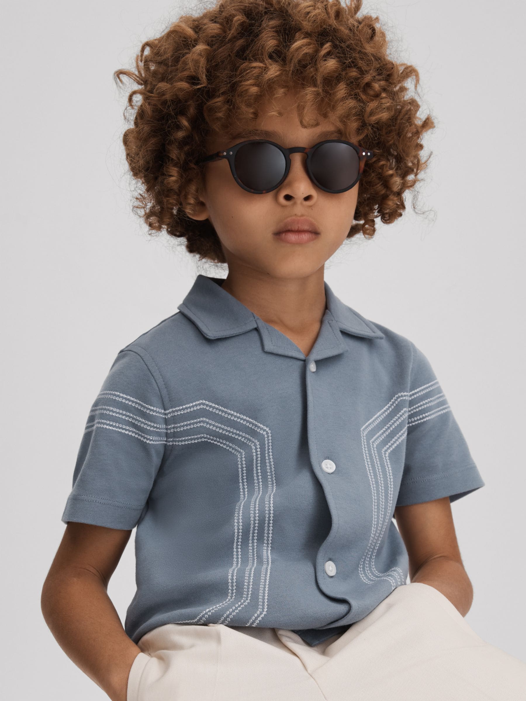 Dsiney Kidz - Reiss Airforce Blue Arlington 3-9 yrs Cotton Embroidered Cuban Collar Shirt image 3