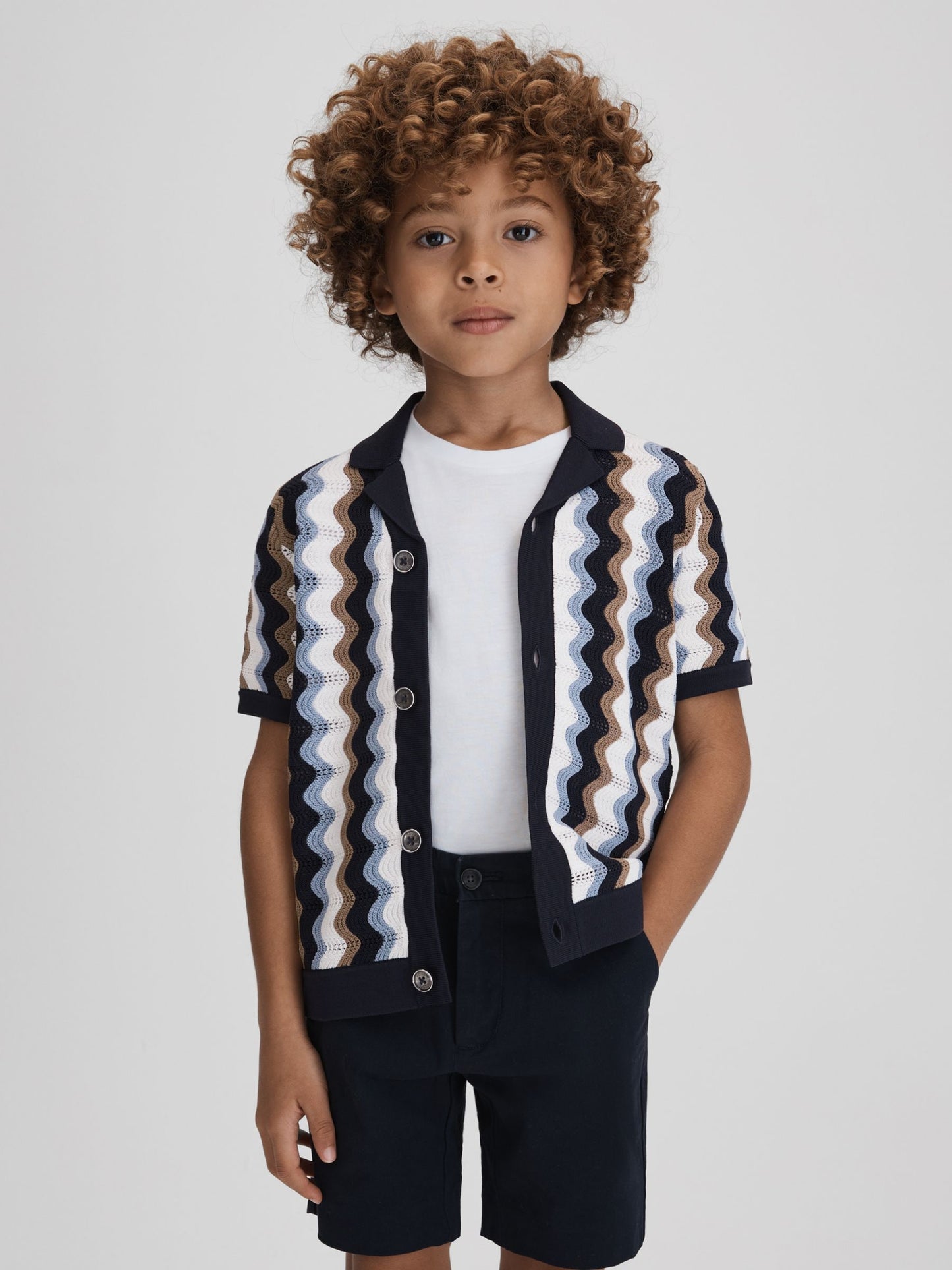 Dsiney Kidz - Reiss Blue Multi Waves Senior Knitted Cuban Collar Shirt image 3