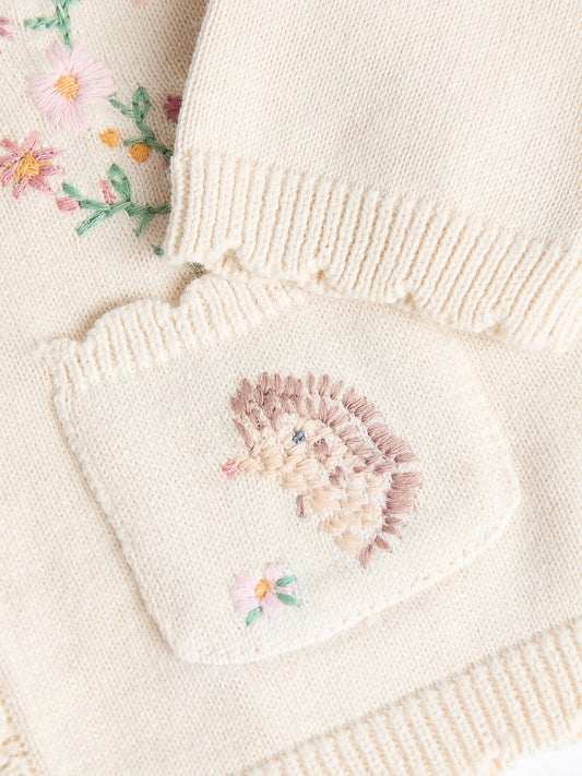 Cream Bunny 100% Cotton Pointelle Knitted Floral Flower Baby Cardigan (0mths-3yrs)