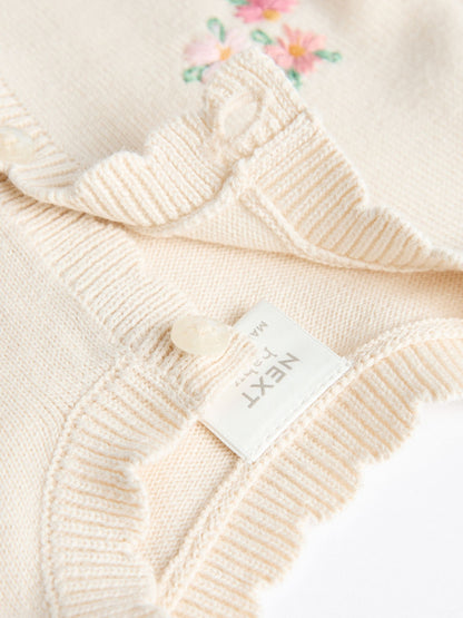 Cream Bunny 100% Cotton Pointelle Knitted Floral Flower Baby Cardigan (0mths-3yrs)