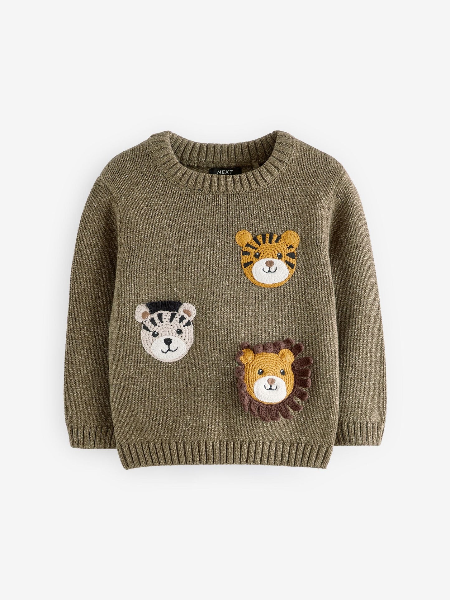 Khaki Green Safari Animals Crew Neck Knitted 100% Cotton Jumper (3mths-7yrs)