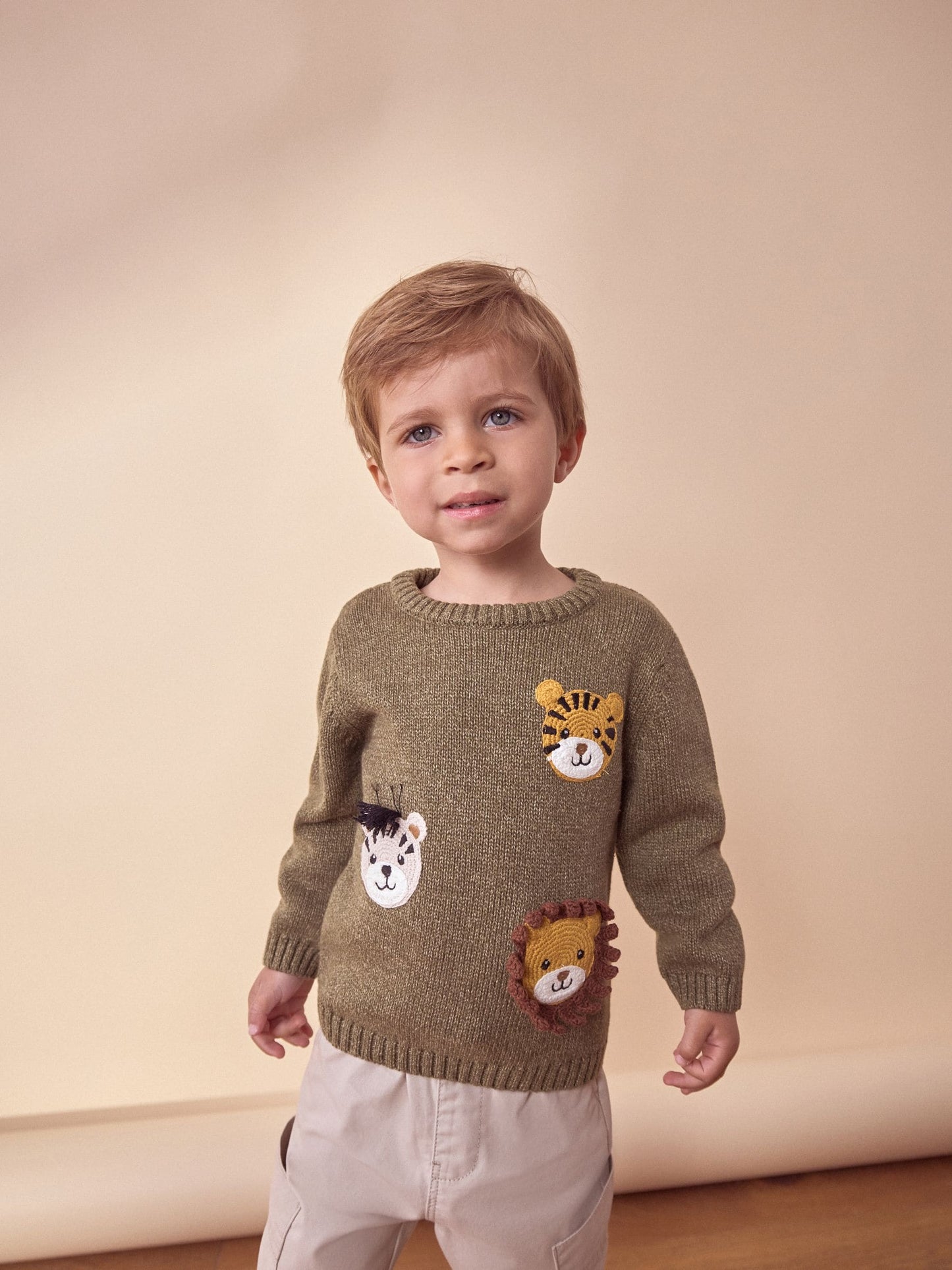 Khaki Green Safari Animals Crew Neck Knitted 100% Cotton Jumper (3mths-7yrs)