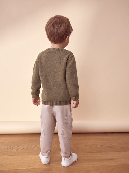 Khaki Green Safari Animals Crew Neck Knitted 100% Cotton Jumper (3mths-7yrs)