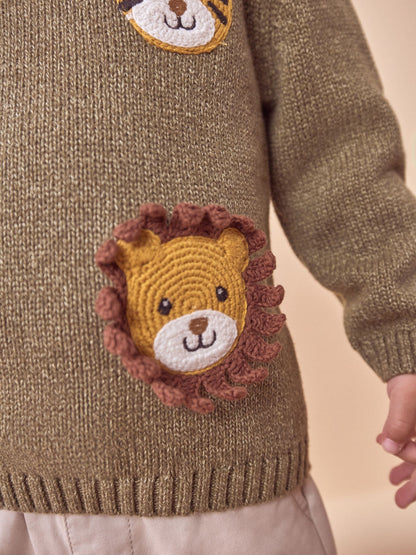 Khaki Green Safari Animals Crew Neck Knitted 100% Cotton Jumper (3mths-7yrs)