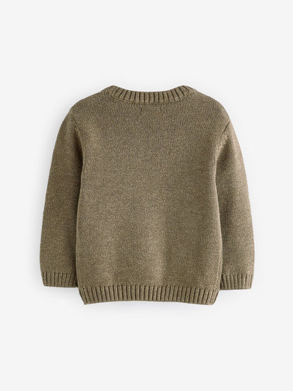 Khaki Green Safari Animals Crew Neck Knitted 100% Cotton Jumper (3mths-7yrs)