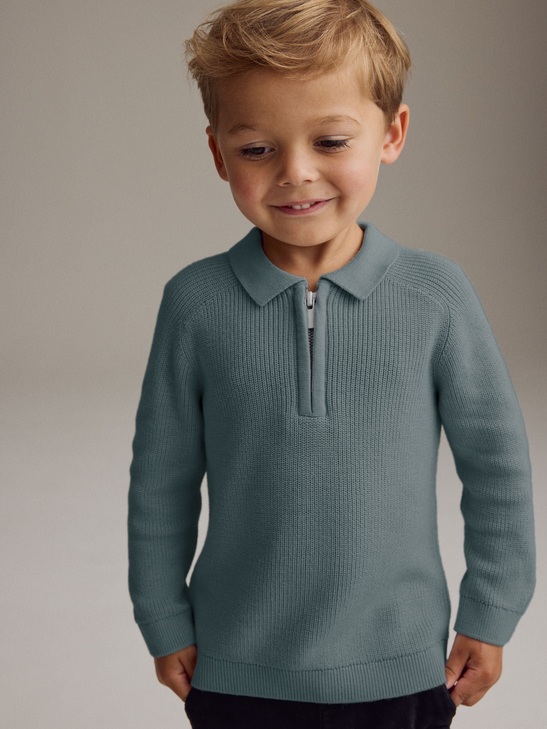 Dsiney Kidz - Teal Blue Long Sleeve Quarter Zip Knitted Polo Shirt (3mths-7yrs) image 1