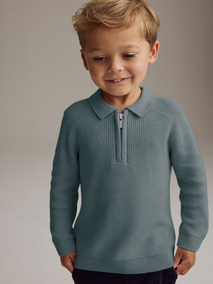 Dsiney Kidz - Teal Blue Long Sleeve Quarter Zip Knitted Polo Shirt (3mths-7yrs) image 1