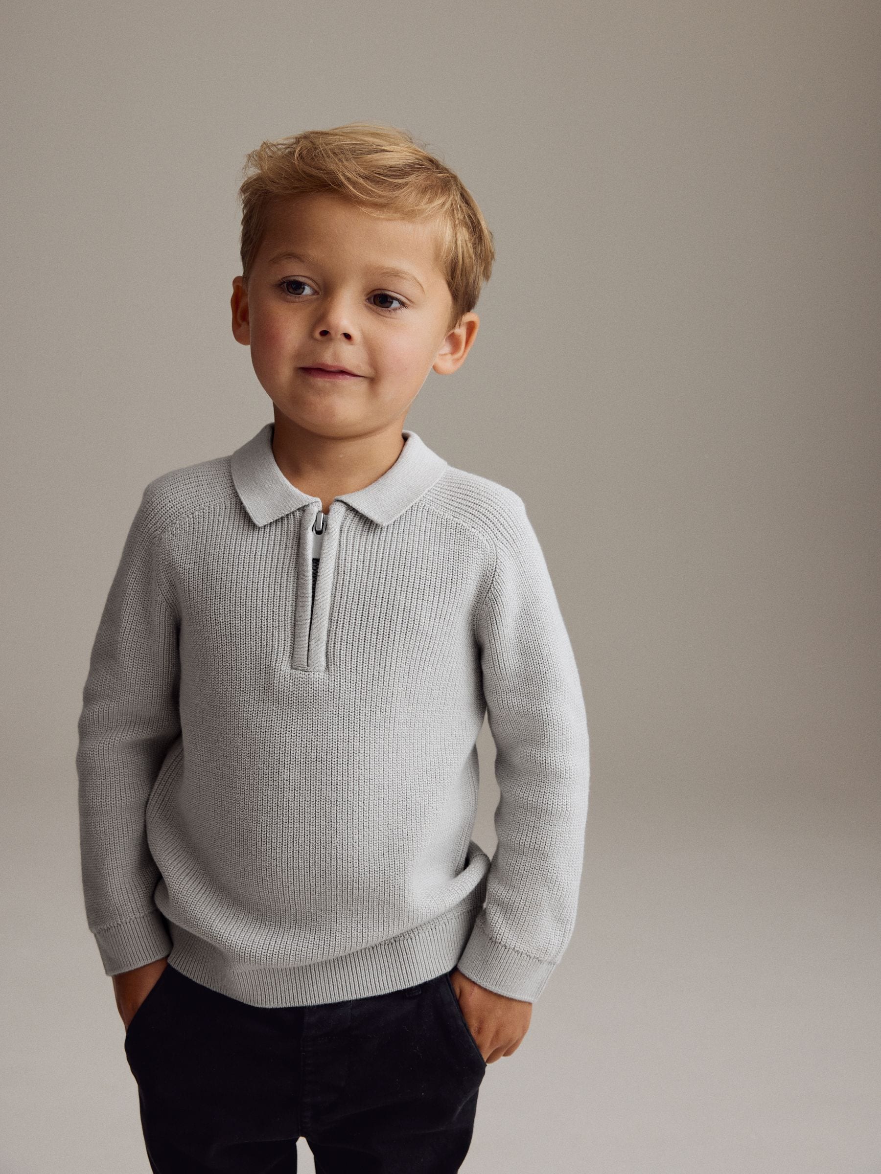 Dsiney Kidz - Light Grey Long Sleeve Quarter Zip Knitted Polo Shirt (3mths-7yrs) image 1