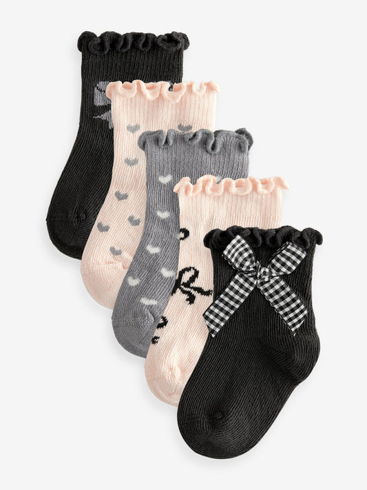 Monochrome Bow Baby Socks 5 Pack (0mths-2yrs) image 1