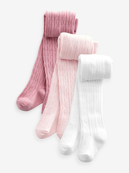 Pink white cable Baby Tights 3 Pack (0mths-2yrs) image 1