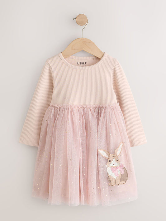 Pink Bunny Long Sleeve Ribbed Mesh Dress (3mths-7yrs) - image 1