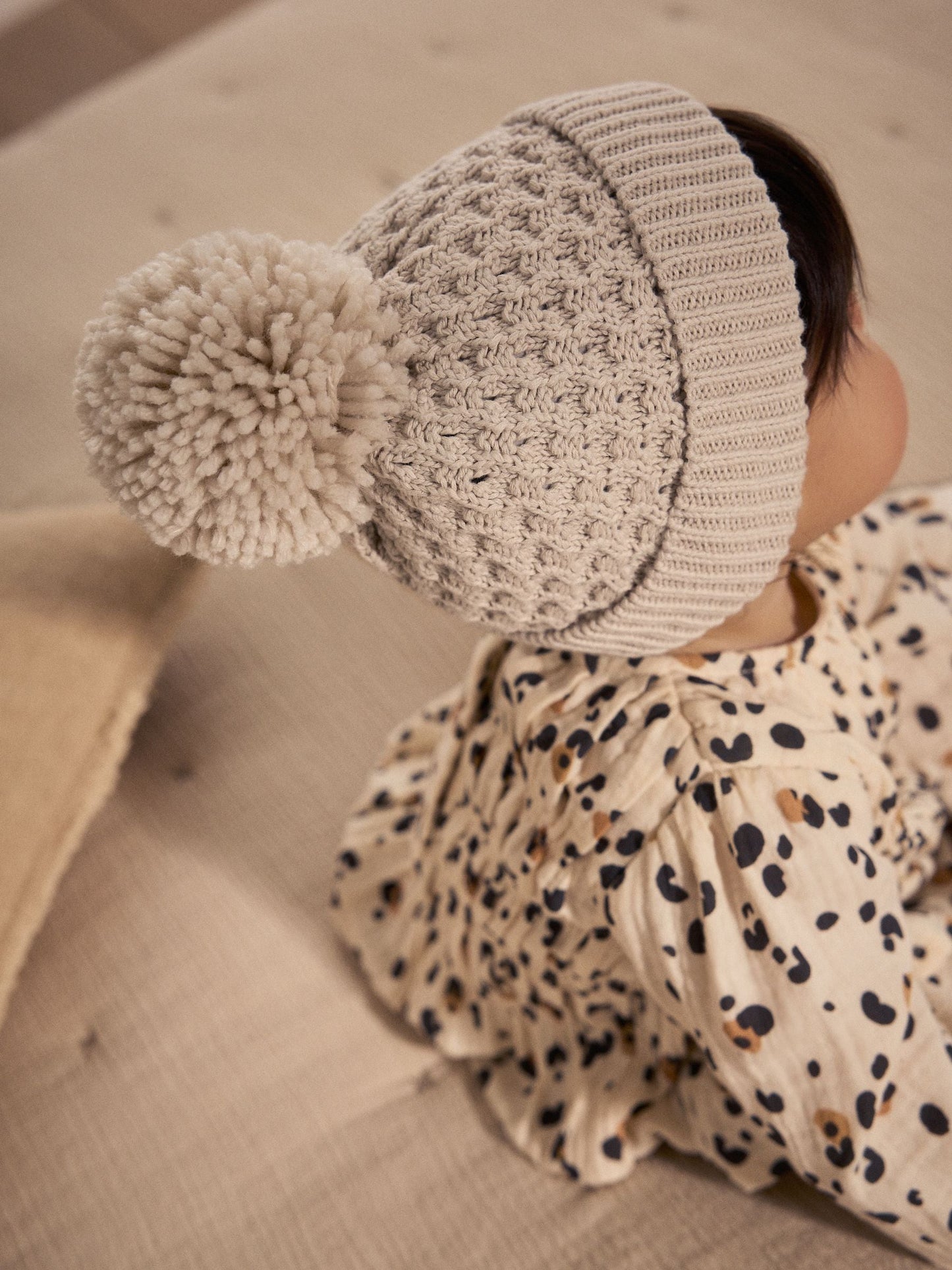 Cream Knitted Pom Waffle Baby Hat