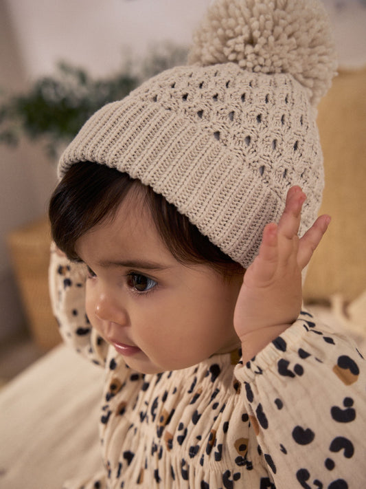 Cream Knitted Pom Waffle Baby Hat image 3
