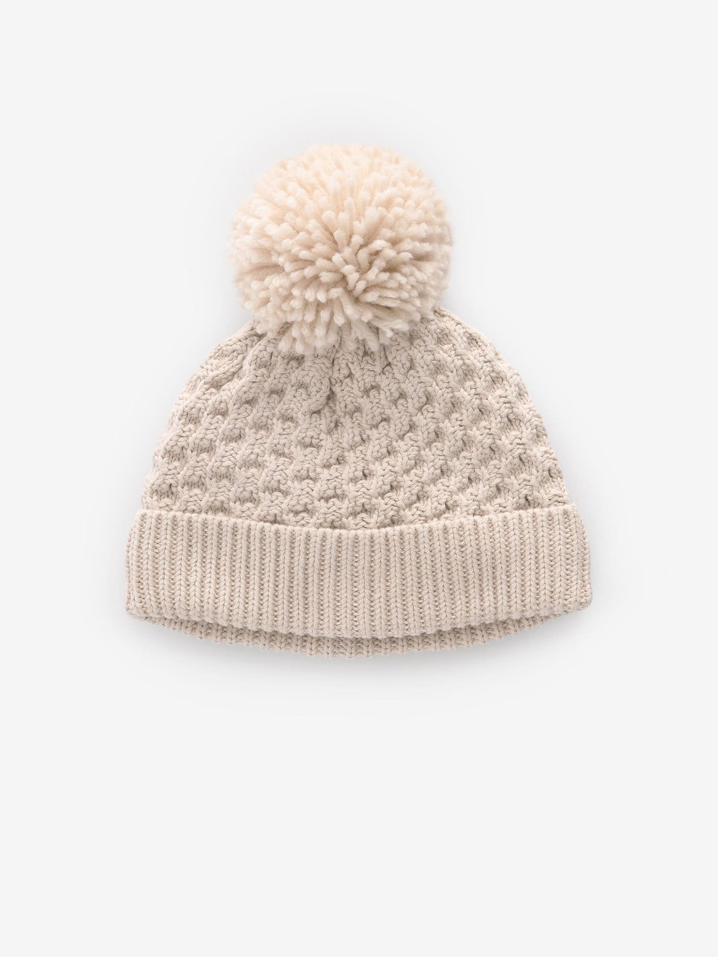 Cream Knitted Pom Waffle Baby Hat