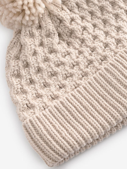 Cream Knitted Pom Waffle Baby Hat