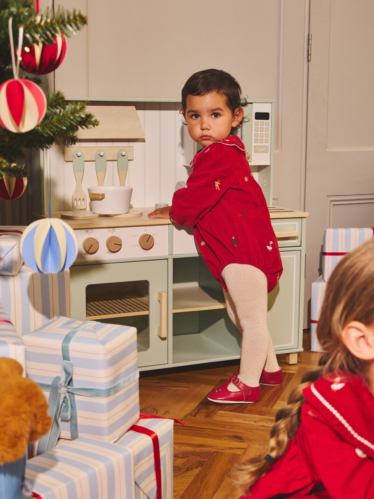 JoJo Maman Bébé Red Christmas Embroidered Bubble Romper & Tights Set - image 1