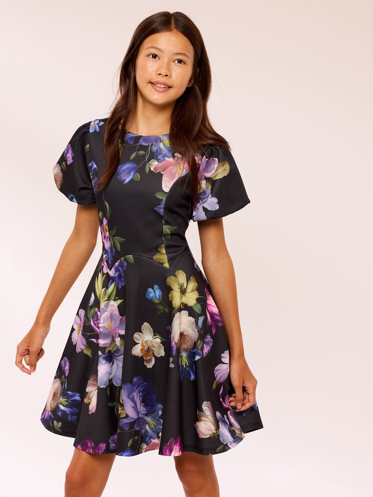 Lipsy Black Puff Sleeve Floral Scuba Dress (5-16yrs) - image 1