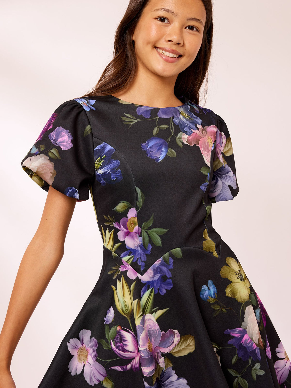 Lipsy Black Puff Sleeve Floral Scuba Dress (5-16yrs) - image 2