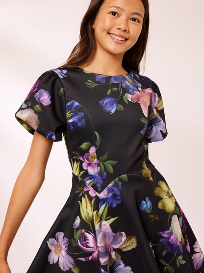 Lipsy Black Puff Sleeve Floral Scuba Dress (5-16yrs) - image 2