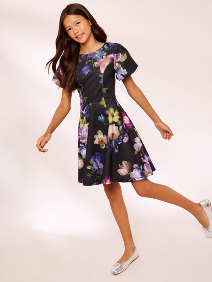 Lipsy Black Puff Sleeve Floral Scuba Dress (5-16yrs) - image 3