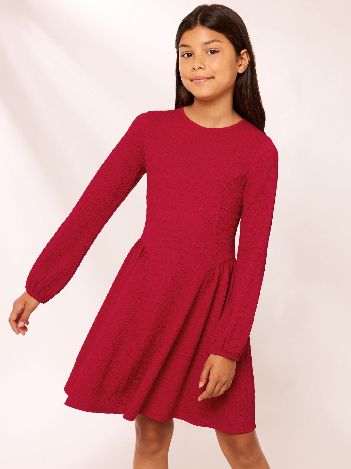 Dsiney Kidz - Lipsy Red Crinkle Jersey Long Sleeve Seamed Dress (5-16yrs) image 1