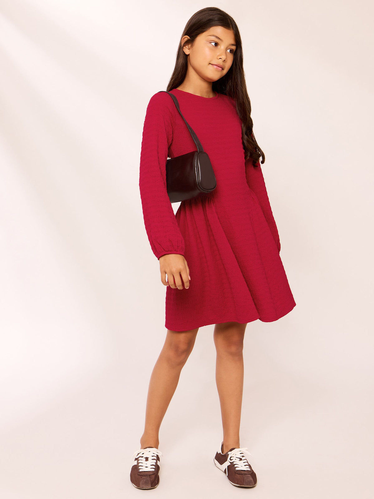 Dsiney Kidz - Lipsy Red Crinkle Jersey Long Sleeve Seamed Dress (5-16yrs) image 3