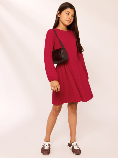 Dsiney Kidz - Lipsy Red Crinkle Jersey Long Sleeve Seamed Dress (5-16yrs) image 3