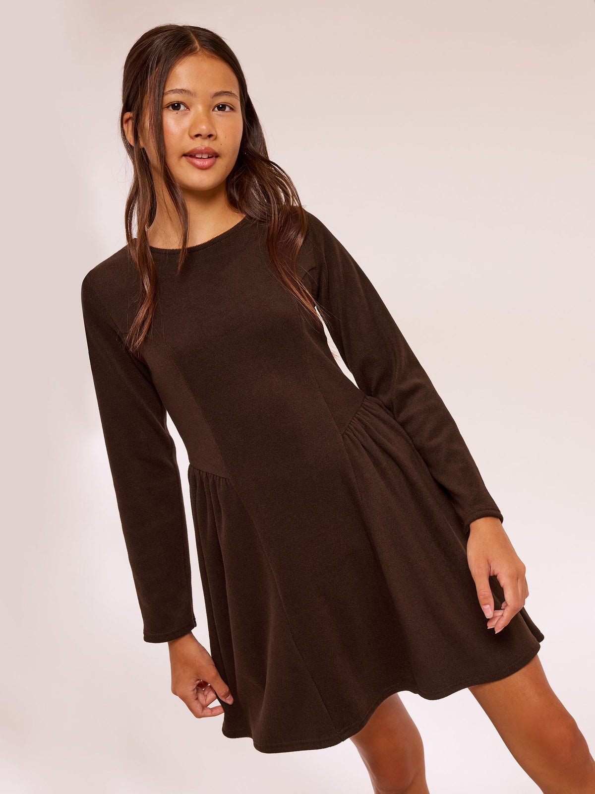 Dsiney Kidz - Lipsy Chocolate Brown Knit Long Sleeve Seamed Dress (5-16yrs) image 1