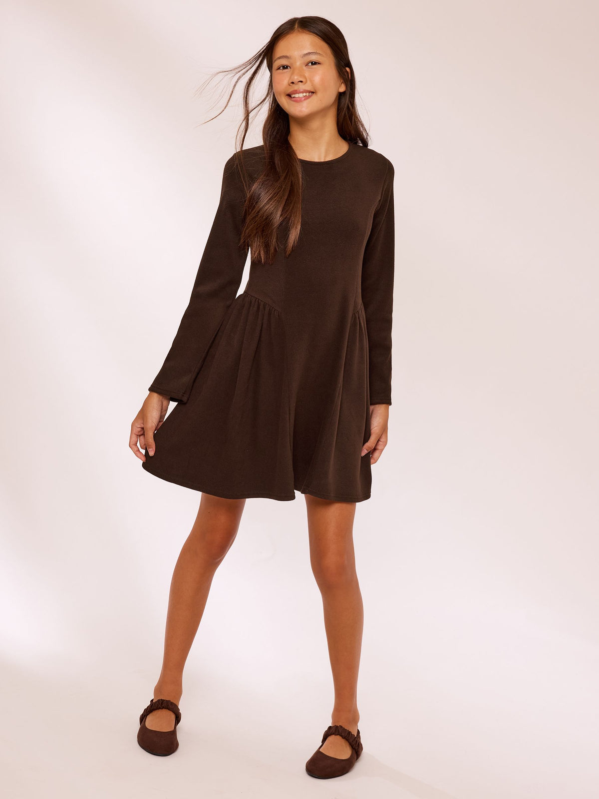 Dsiney Kidz - Lipsy Chocolate Brown Knit Long Sleeve Seamed Dress (5-16yrs) image 4