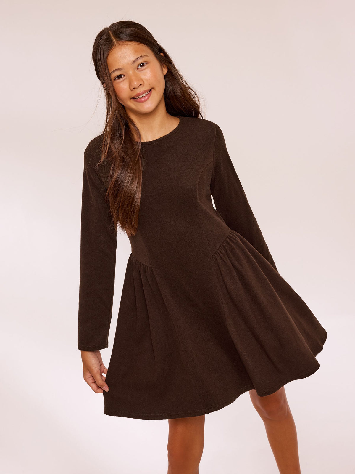 Dsiney Kidz - Lipsy Chocolate Brown Knit Long Sleeve Seamed Dress (5-16yrs) image 5
