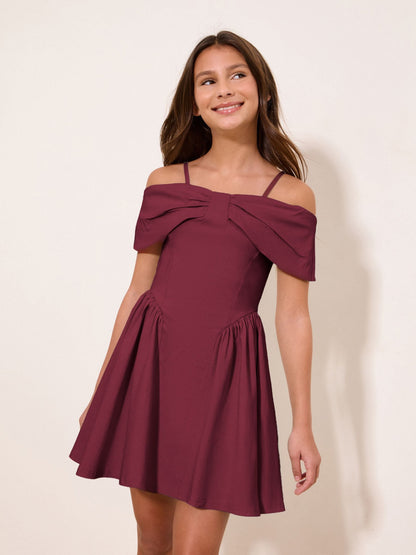 Lipsy Burgundy Red Bow Bardot Teen Dress (10-16yrs) - image 1