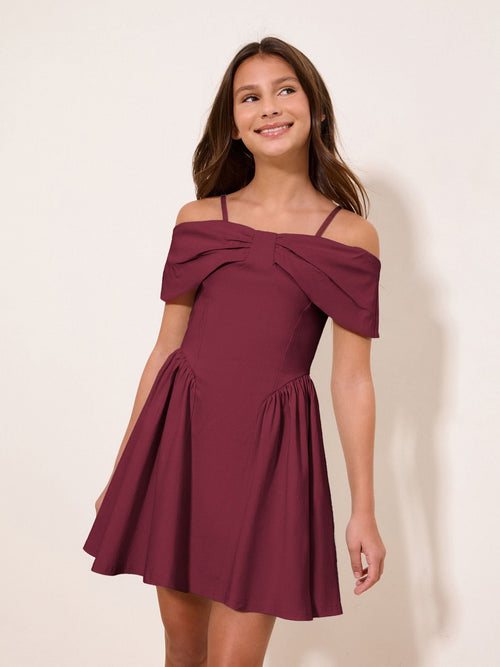 Lipsy Burgundy Red Bow Bardot Teen Dress (10-16yrs) - image 1