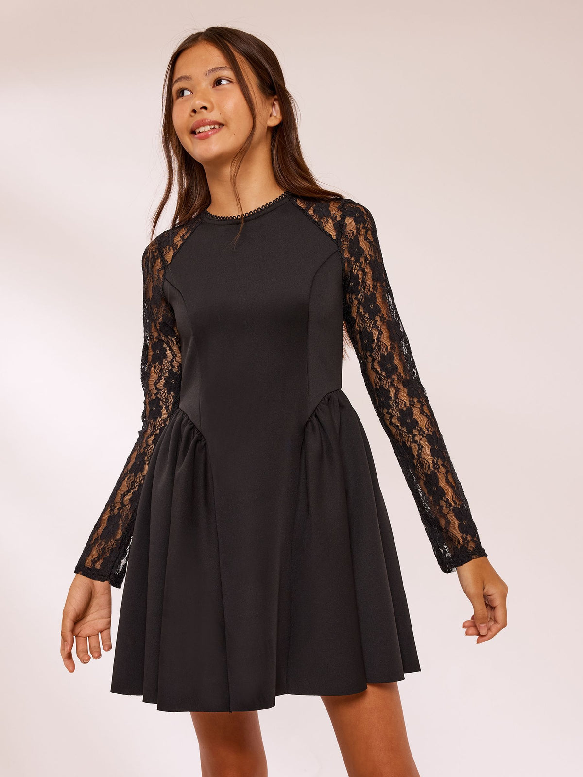 Lipsy Black Long Sleeve Lace Detail Scuba Dress (5-16yrs) - image 1