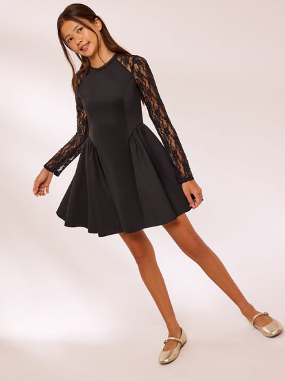 Lipsy Black Long Sleeve Lace Detail Scuba Dress (5-16yrs) - image 3