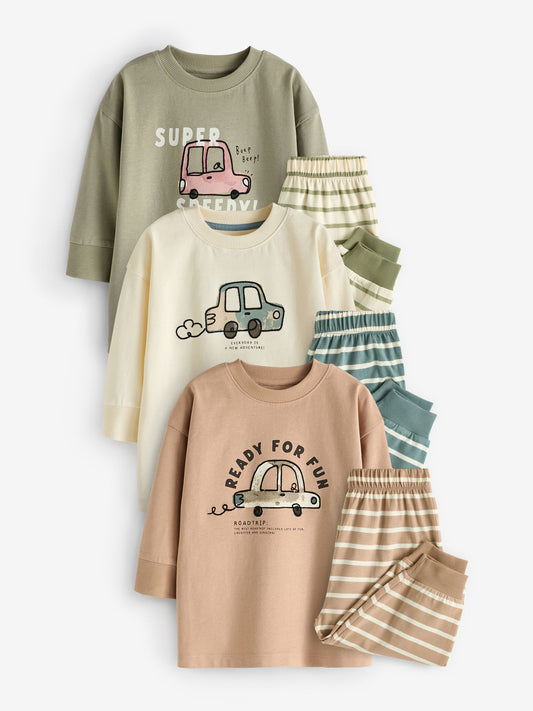 Neutral/Sage Green Transport Oversized Pyjamas 3 Pack (9mths-10yrs) image 1