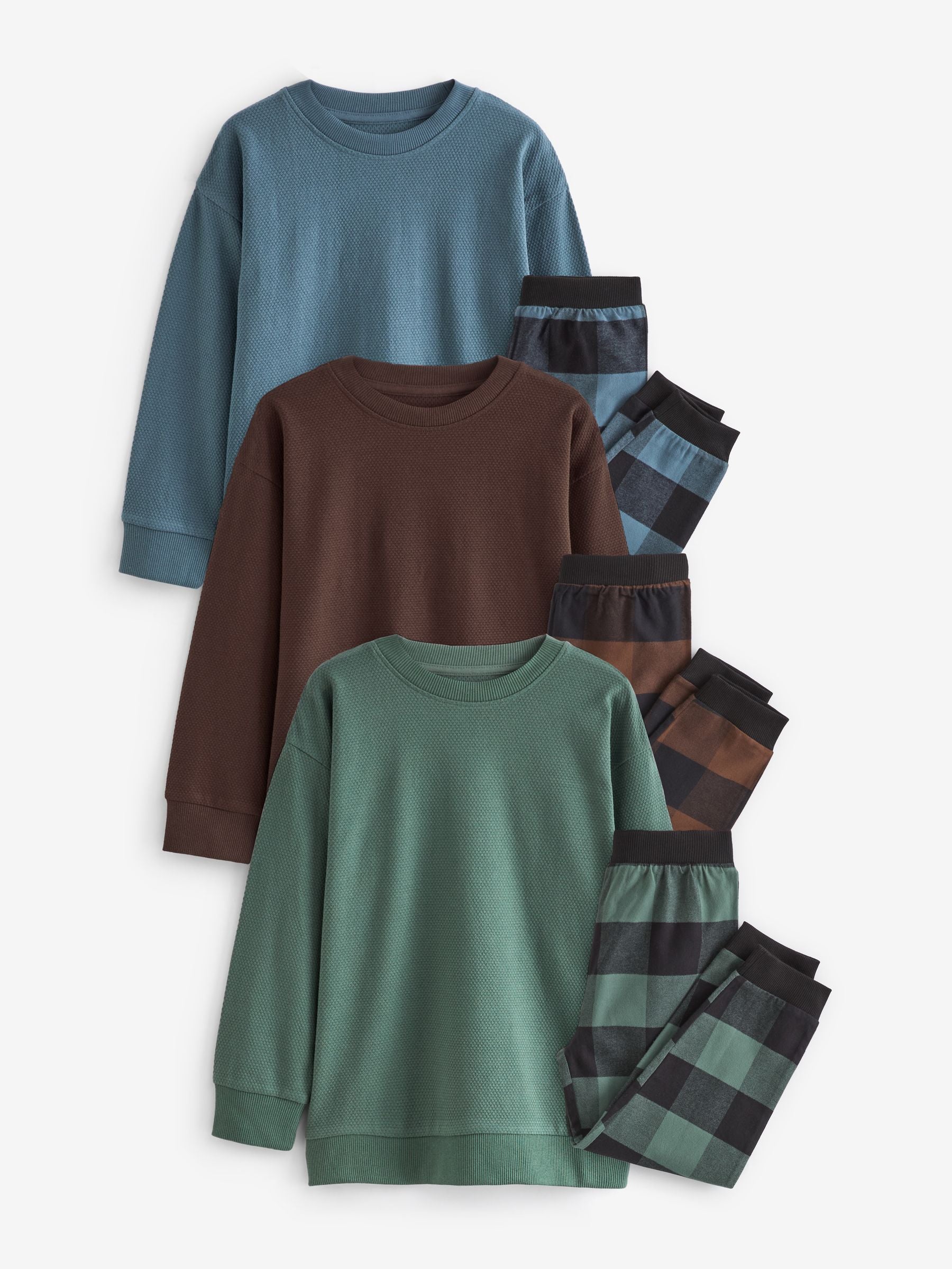 Blue/Green/Brown Woven Check Pyjamas 3 Pack (3-16yrs) image 6