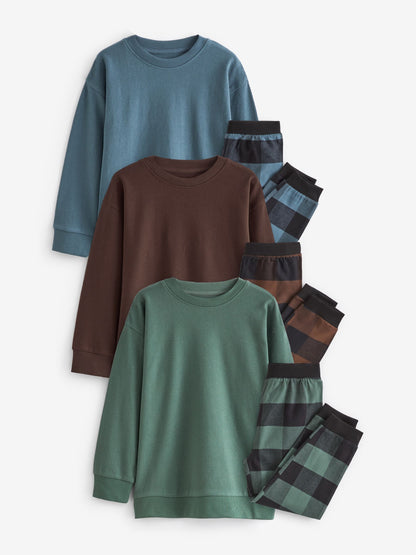 Blue/Green/Brown Woven Check Pyjamas 3 Pack (3-16yrs) image 6