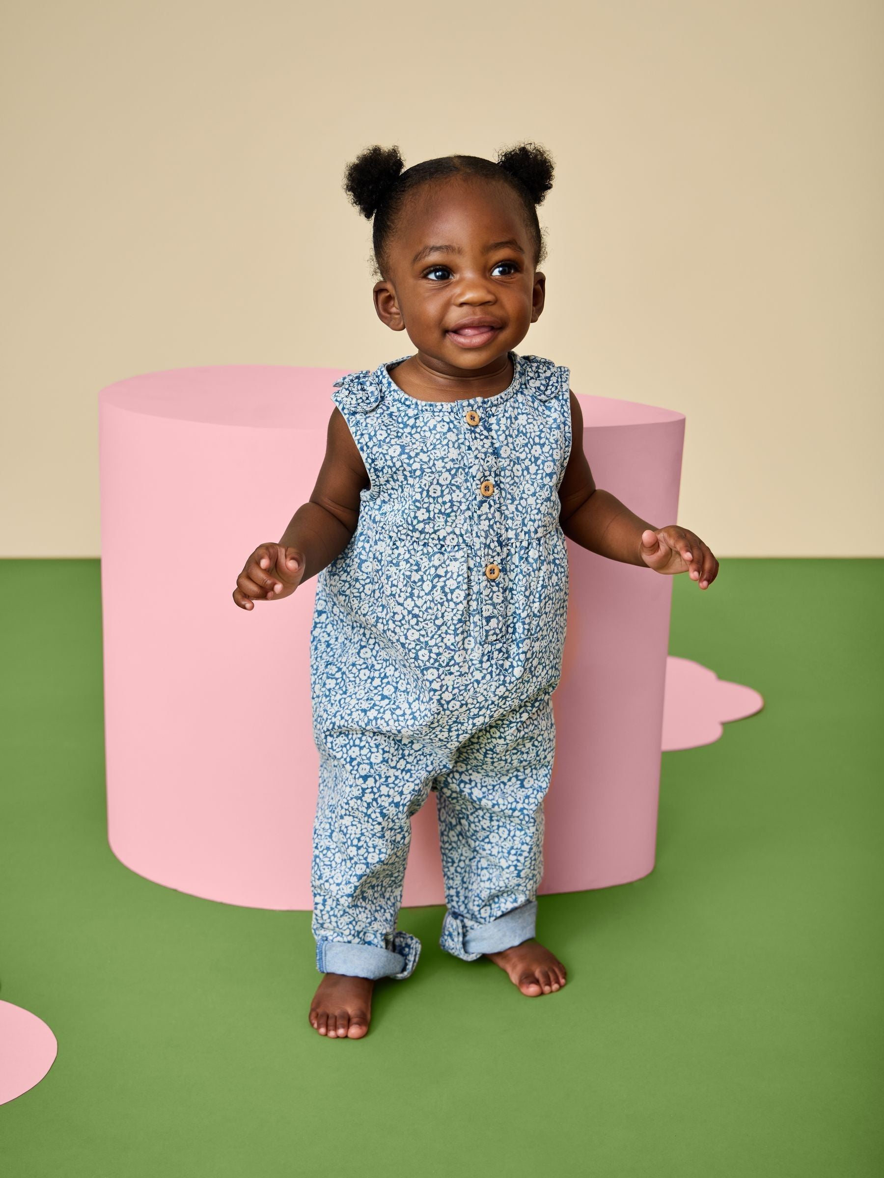 Dsiney Kidz - JoJo Maman Bébé Light Wash Denim Blue Floral Printed Dungaree image 1