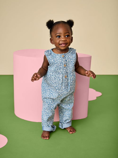 Dsiney Kidz - JoJo Maman Bébé Light Wash Denim Blue Floral Printed Dungaree image 1